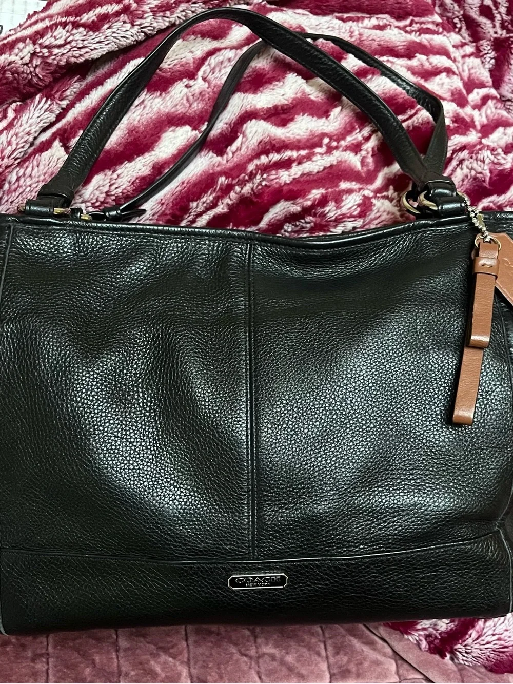 Coach Black Pebbled Leather Tote with Logo Plaque